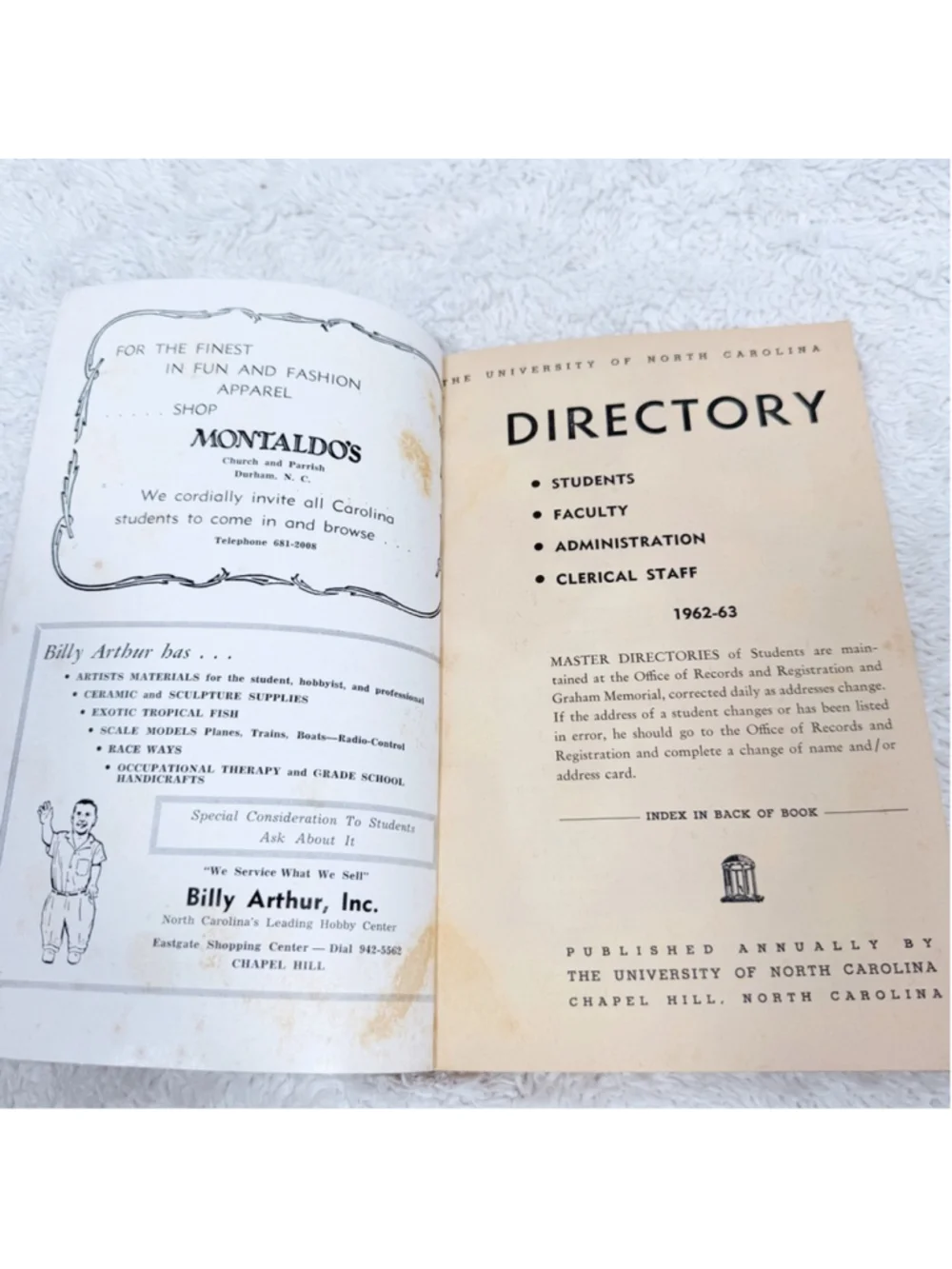 Vintage 1962-1963 UNC Chapel Hill Student-Faculty Directory University of NC